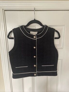 Rachel Zoe Black Tweed Sleeveless Vest with White Trim